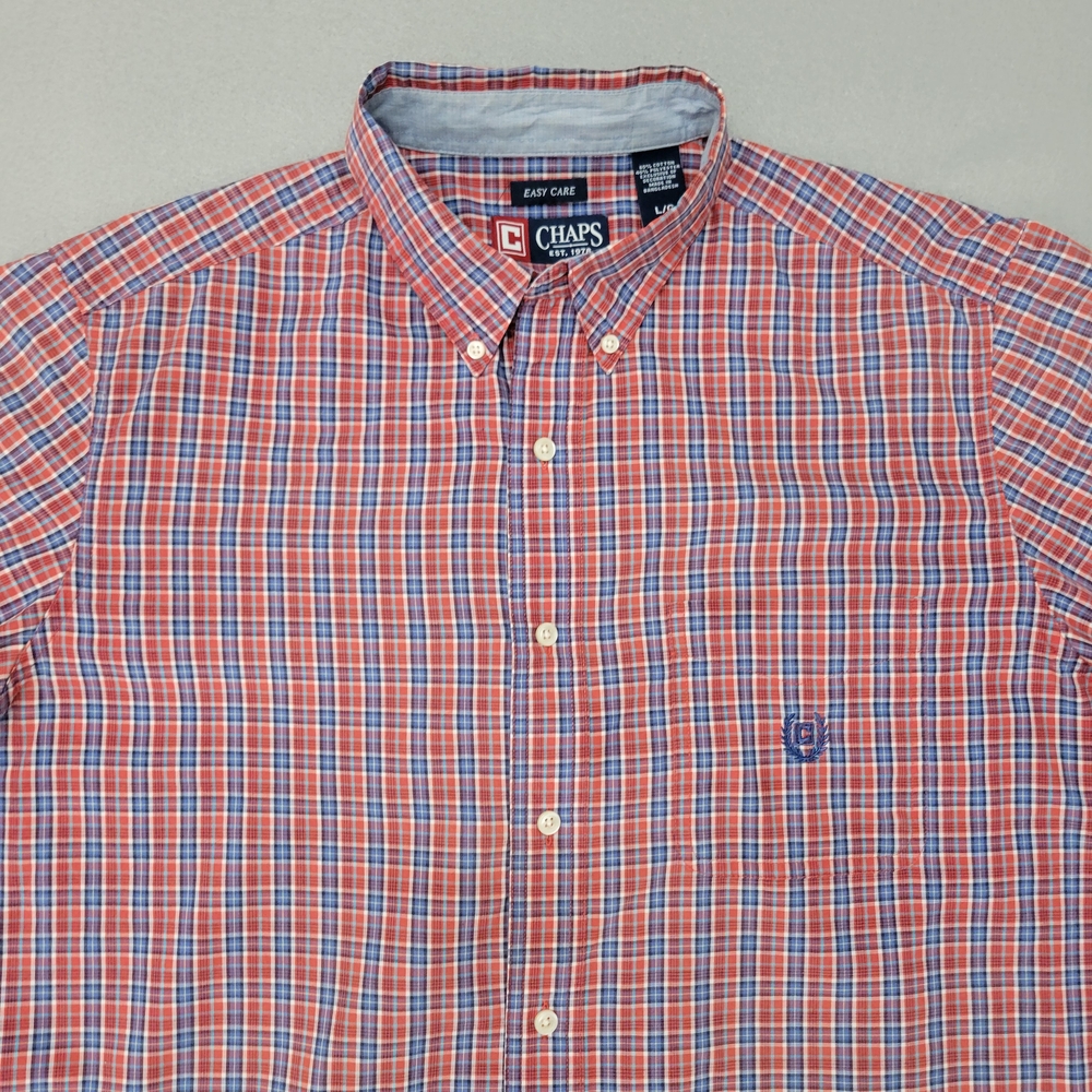 Chaps Mens XL Easy Care Short Sleeve Button Down Shirt Red Blue Gingham Check.